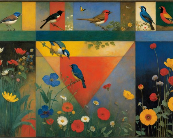 Vibrant Mosaic of Birds and Flowers in Abstract Design
