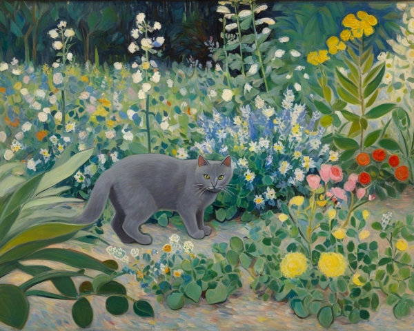 Vibrant Garden Scene with Flowers and a Gray Cat