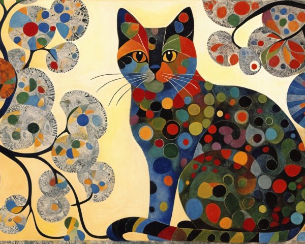 Abstract Cat Art with Colorful Patterns and Trees