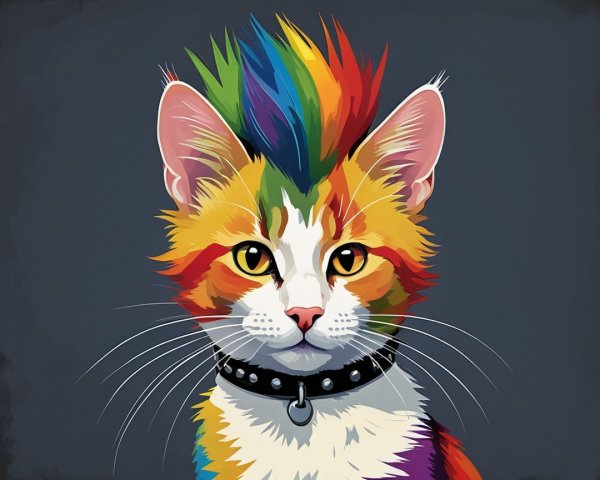 Colorful Cartoon Cat with Rainbow Mohawk Design