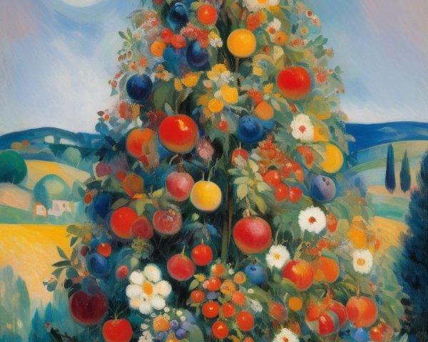 Vibrant Painting of a Fruit-Adorned Christmas Tree