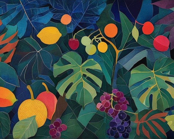 Vibrant Tropical Fruit and Leaf Arrangement Description