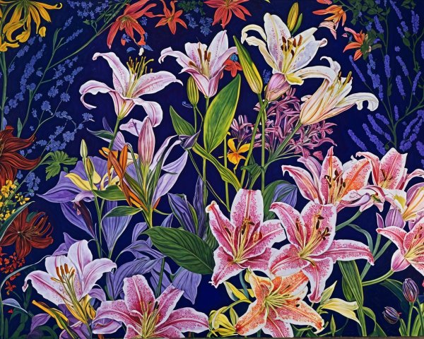 Vibrant Floral Arrangement with Lilies on Blue Background