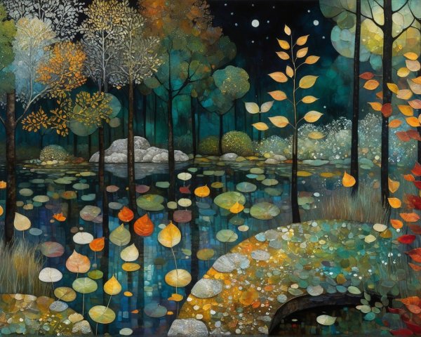 Twilight Forest Scene with Autumn Leaves and Pond
