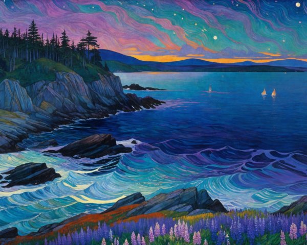 Coastal Sunset with Waves and Lush Greenery