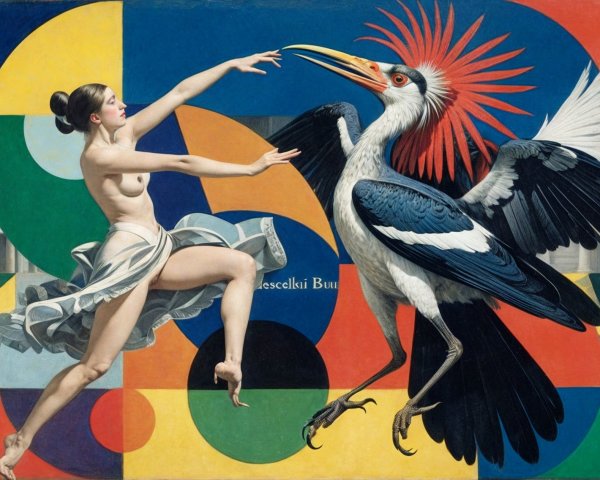 Dancer and Colorful Bird in Abstract Geometric Scene