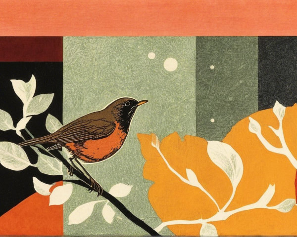Stylized Bird on Branch with Abstract Colorful Background