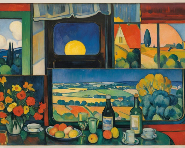 Vibrant Interior with Floral Table and Scenic Sunset