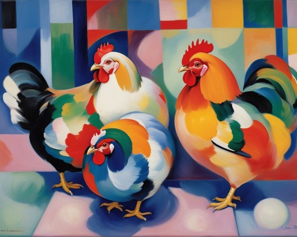 Colorful Painting of Three Stylized Chickens on Checkerboard
