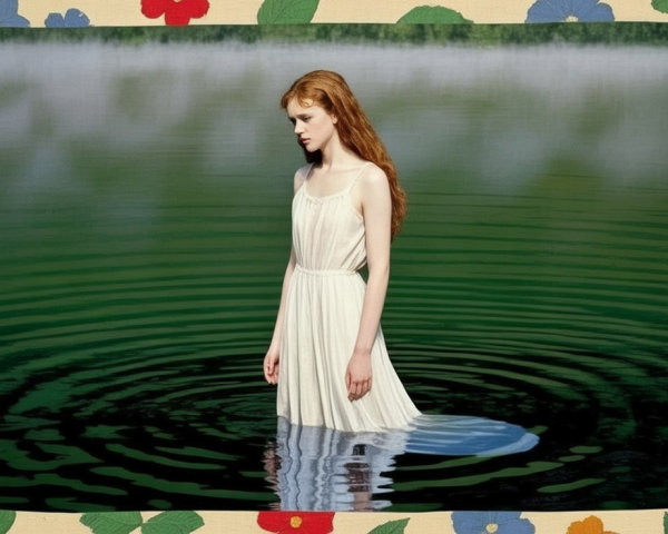 Young Woman in White Dress in Shallow Water Scene