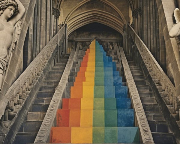 Grand Staircase with Colorful Steps and Angel Statues