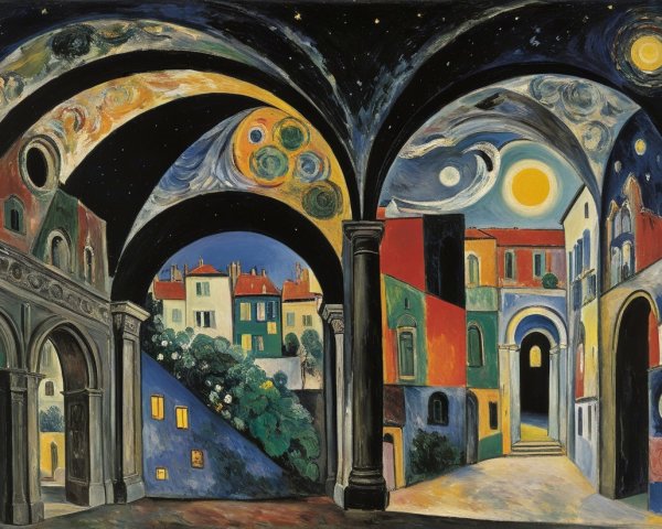 Abstract Cityscape with Starry Night Sky and Colors