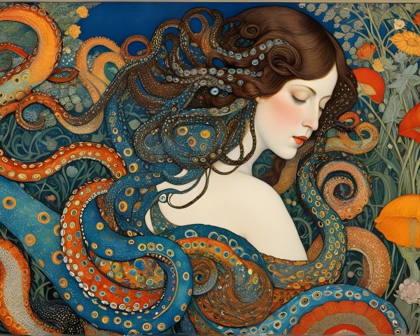 Serene Woman Surrounded by Vibrant Marine Life