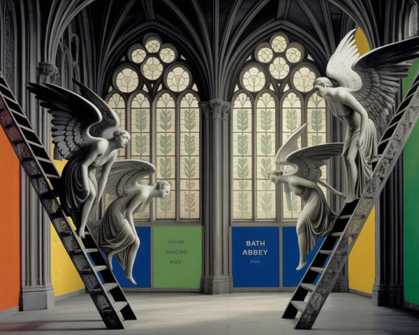 Gothic Architecture with Angelic Figures and Vibrant Colors