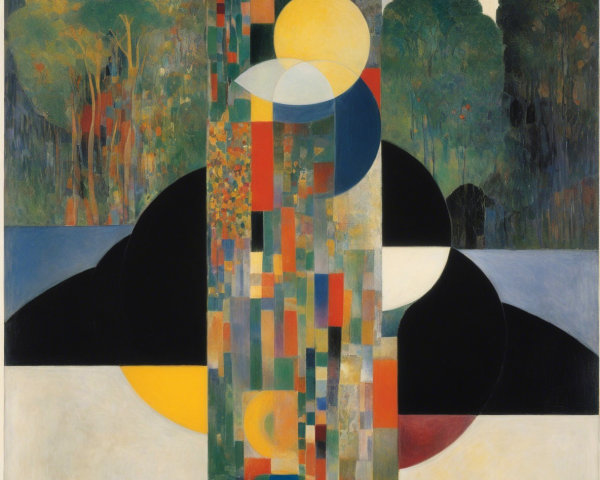 Art Deco Painting of Tree of Knowledge with Landscape Elements