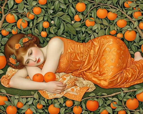 Woman in Orange Gown Surrounded by Greenery and Blossoms