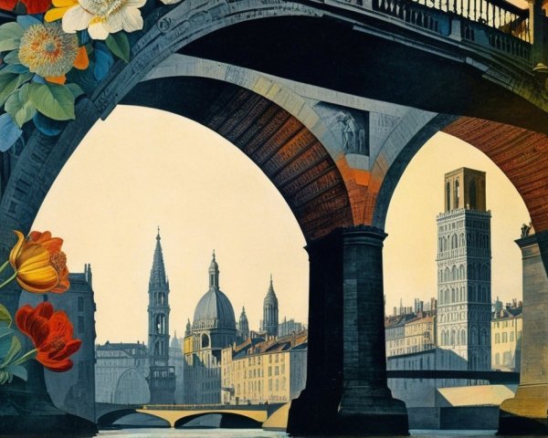 Vibrant Cityscape with Ornate Arches and Flowers