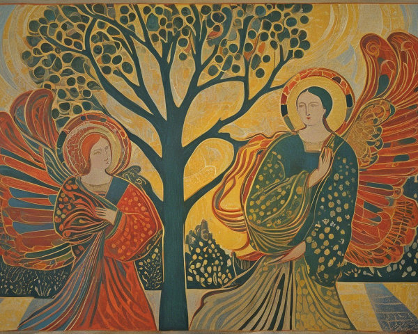 Angels with Intricate Wings and Vibrant Background