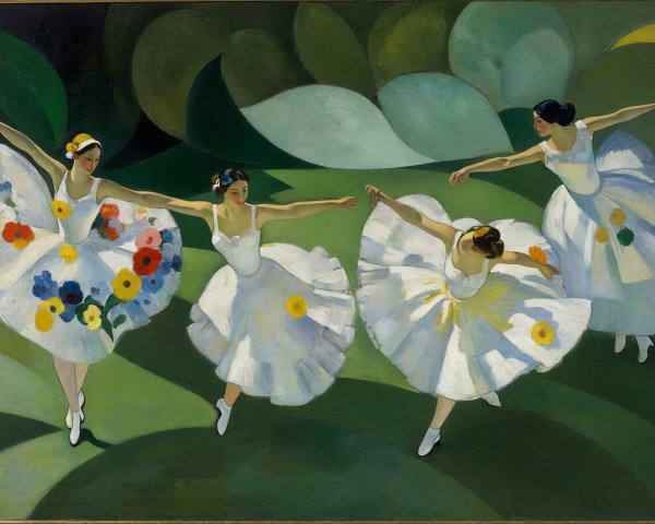 Four Women in White Dresses Dancing in a Garden