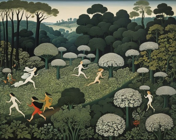 Surreal Forest Scene with Figures Among Lush Greenery