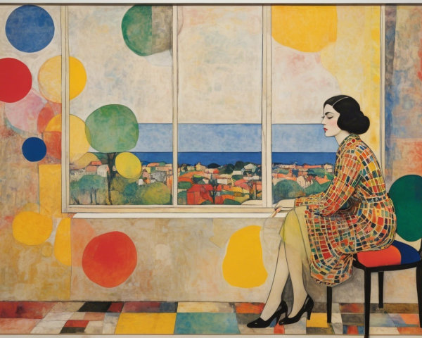 Woman by Window Overlooking Coastal Landscape