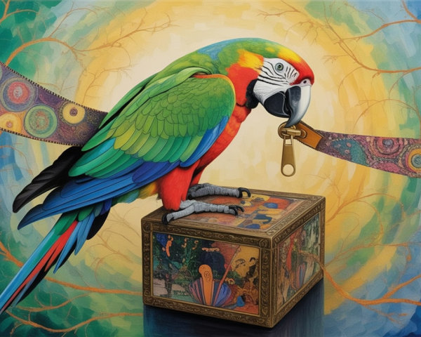 Vibrant Macaw on Ornate Box with Colorful Background