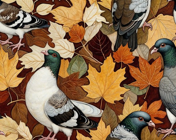 Pigeons Among Vibrant Autumn Leaves in Nature Scene