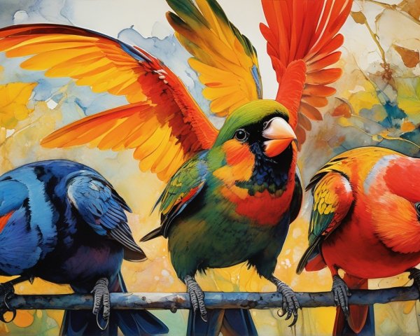 Vibrant Birds on a Branch with Autumn Leaves Background