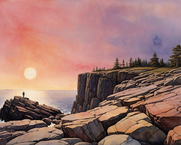 Coastal Sunset with Solitary Figure on Rugged Rocks