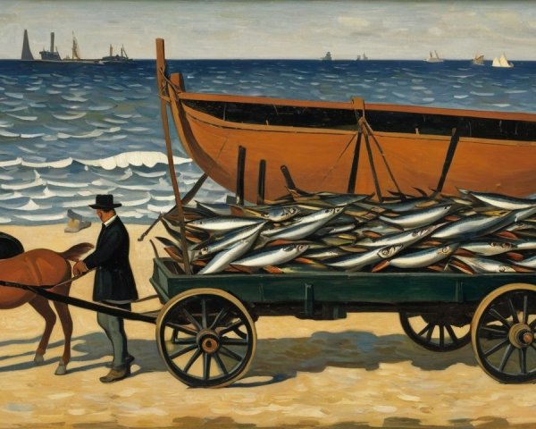 Horse-Drawn Cart with Fish on Coastal Beach Scene