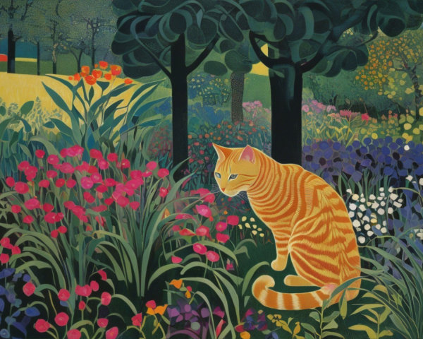 Vibrant Garden Scene with Blooming Flowers and Cat