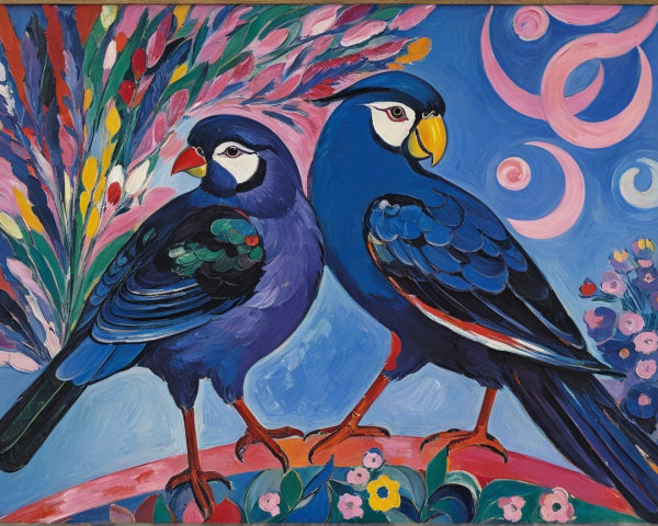 Vibrant Birds with Colorful Flowers on Blue Background