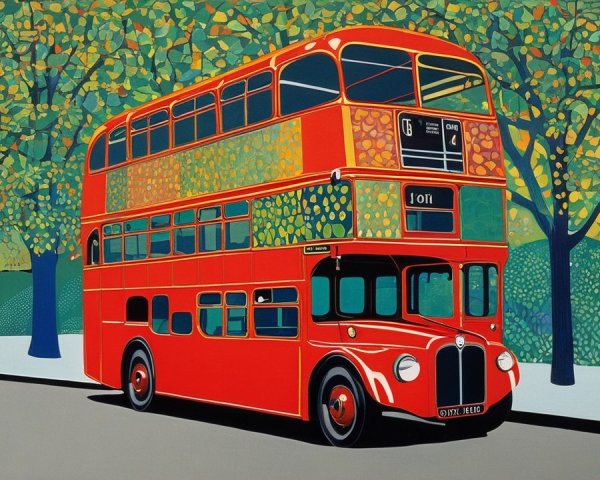 Illustrated Scene of a Red Double-Decker Bus on Street
