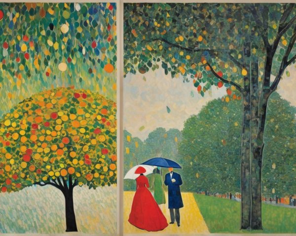 Colorful Abstract Tree and Couple Under Umbrella
