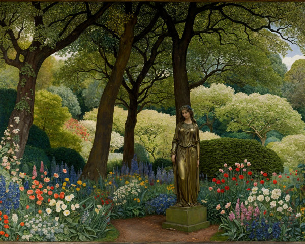 Bronze Statue in a Flower-Filled Forest Glade