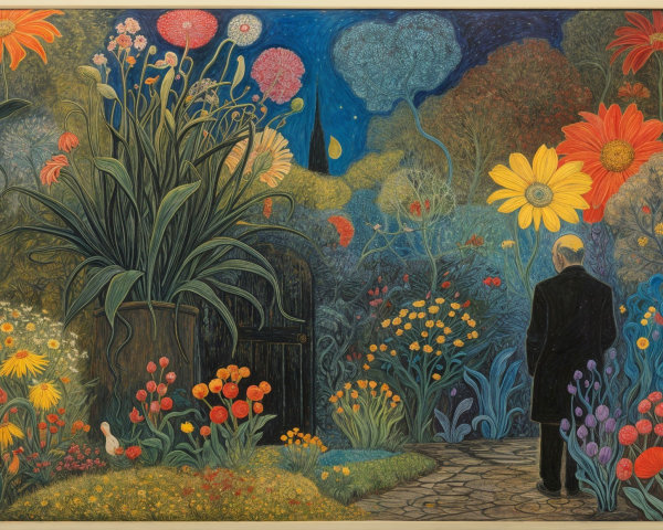 Vibrant Garden with Colorful Flowers and Twilight Sky
