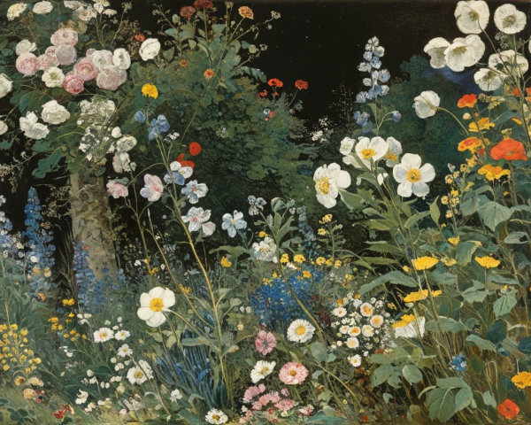 Vibrant Garden Scene with Colorful Blooming Flowers