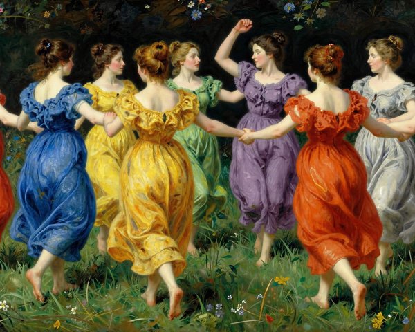 Young women in colorful dresses dancing in a circle