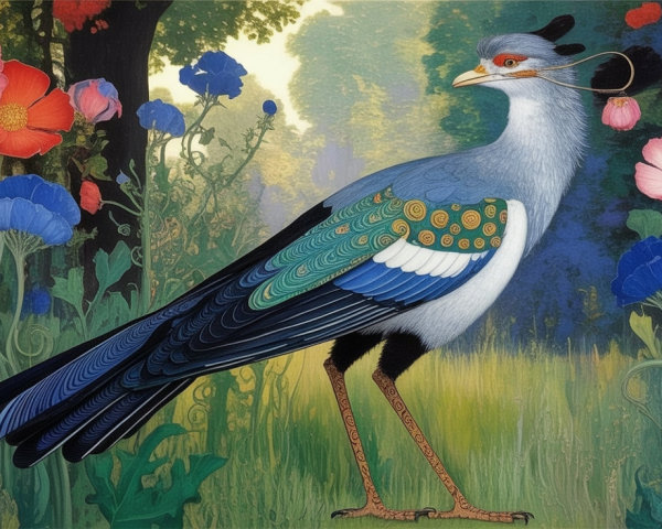 Surreal Bird Among Colorful Flowers in Lush Setting