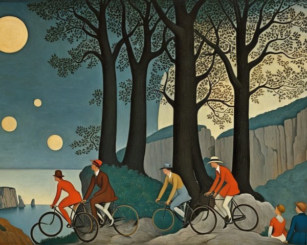 Cyclists in Vibrant Attire Amidst a Whimsical Landscape