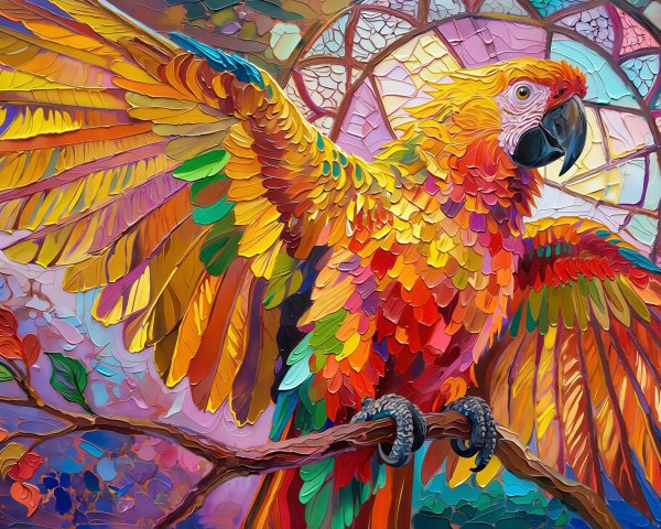 Vibrant oil painting of a macaw with colorful background