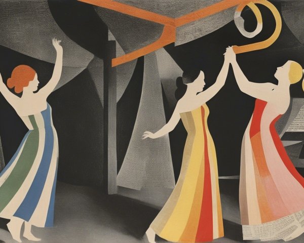 Stylized Figures in Vibrant Gowns Celebrating Joyfully