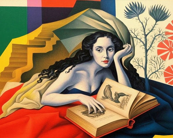 Reclining Woman Reading with Geometric Background
