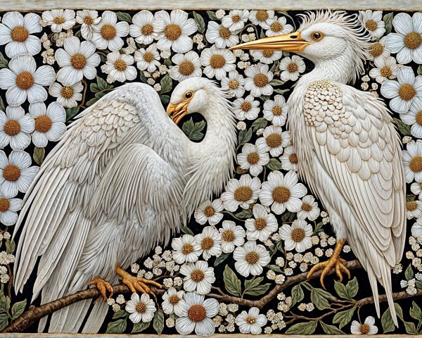 Elegant White Birds Among Vibrant Wildflowers