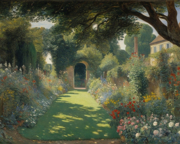 Vibrant Garden Scene with Colorful Flowers and Pathway