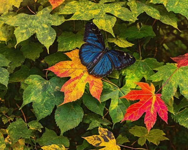 Blue Butterfly on Colorful Autumn Leaves