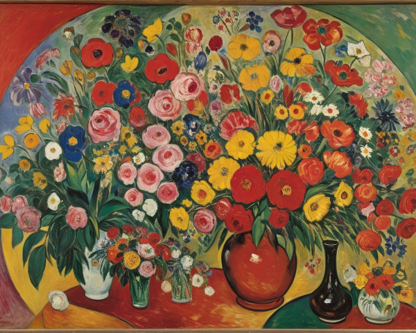 Vibrant Still Life Painting of Colorful Flower Arrangement