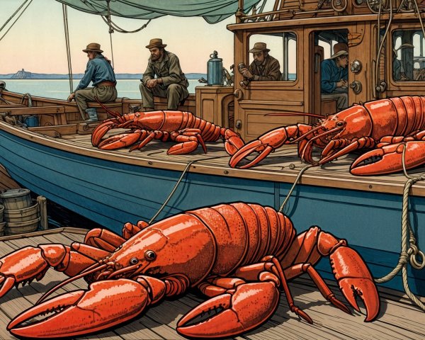 Vintage Illustration of Fishing Boat and Lobsters