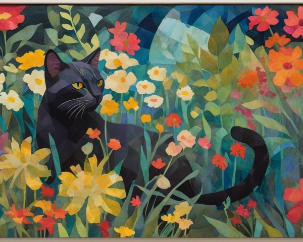 Abstract Illustration of a Black Cat Among Flowers