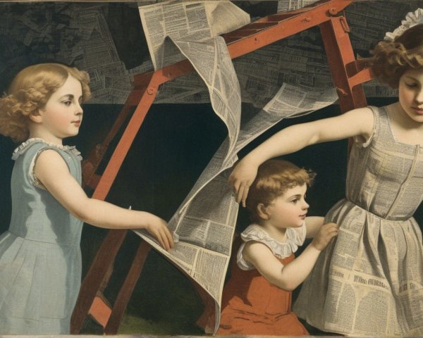 Three Girls Playing with Newspaper and a Red Ladder